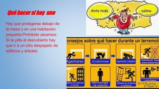 Qué hacer si hay uno
Hay que protegerse debajo de
la mesa o en una habitación
pequeña.Prohibido ascensor.
Si te pilla al descubierto hay
que ir a un sitio despejado de
edificios y árboles
 