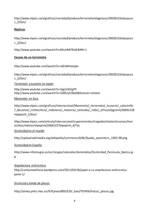 4
http://www.elpais.com/graficos/sociedad/produce/terremoto/elpgrasoc/20030122elpepuso
c_2/Ges/
Réplicas
http://www.elpais.com/graficos/sociedad/produce/terremoto/elpgrasoc/20030122elpepuso
c_2/Ges/
http://www.youtube.com/watch?v=8KuhMl7RzkE&NR=1
Causas de un terremoto
http://www.youtube.com/watch?v=s8ZoMmxtpbc
http://www.elpais.com/graficos/sociedad/produce/terremoto/elpgrasoc/20030122elpepuso
c_2/Ges/
Terremoto y tsunami en Japón
http://www.youtube.com/watch?v=JkgUi5kVgPY
http://www.youtube.com/watch?v=S385zyC9ba0&feature=related
Maremoto en Asia
http://www.elpais.com/graficos/internacional/Maremoto/_terremoto/_tsunami/_catastrofe
/_desastre/_richter/Asia/_indonesia/_malaisia/_tailandia/_india/_africa/elpgraint/20041228
elpepuint_1/Ges/
http://www.elpais.com/articulo/internacional/supervivientes/tragedia/relatan/escenas/horr
or/olas/metros/elpepiint/20041227elpepiint_4/Tes
Sismicidad en el mundo
http://upload.wikimedia.org/wikipedia/commons/d/db/Quake_epicenters_1963-98.png
Sismicidad en España
http://www.inforiesgos.es/es/riesgos/naturales/terremotos/Sismicidad_Peninsula_Iberica.jp
g
Arquitectura antisísmica
http://carlosmatallana.wordpress.com/2011/03/18/japon-y-su-arquitectura-antisismica-
parte-1/
Sismiciad y borde de placas
http://almez.pntic.mec.es/%7Ejmac0005/ESO_Geo/TIERRA/Fotos/_placas.jpg
 