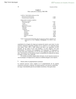 http://www.iep.org.pe
20 Gonzales de Olarte
Cuadro 4
Perú: costos de la violencia, 1980-1988
CAPITAL Y RECURSOS (millones de US$)
Destrucción de infraestructura
Formación bruta de capital fijo
11,840
31,800
POBLACION Y FUERZA LABORAL
Muertes por violencia
- Fuerzas del orden
- Civiles
- Subversivos
Migración al extranjero
- Masculina
- emeninaF
- Ocupación
Profesionales
Técnicos
Estudiantes
Empleados
Empresas comerciales
Otros
12,402
831
4,802
6,769
151,639
71,970
79,669
23,300
4,887
36,870
24,937
4,800
56,845
Fuente: Comisión Especial del Senado sobre las causas de la violencia y alternativas de
pacificación en el Perú, Violencia y Participación, CAJ, DESCO, Lima,
1989.
expulsados de sus lugares de origen por amenaza de muerte o por temor. La otra
corriente migratoria importante producto de la violencia es la migración hacia
otros países. Entre 1985 y 1988 salieron del Perú y no regresaron 151,639
personas, de las cuales el 47% eran hombres y el 53% mujeres; 15% eran
profesionales, 3% técnicos, 24% estudiantes, 16% empleados, 3% empresarios y
el resto tenía otras ocupaciones. El 57% de estos migrantes tenía entre 19 y 45
años. Nuevamente nos encontramos frente a un problema de reducción de fuerza
de trabajo, en parte, muy calificada.
En resumen, los pobres migran dentro del país y los de mayores recursos se
van al extranjero. El impacto de la violencia es también desigual a este respecto.
b. Efectos sobre el comportamiento económico
La violencia provoca varios cambios en el comportamiento de los agentes
económicos, personas y empresas. De manera general, crea mayores condiciones
de riesgo e incertidumbre para las actividades económicas. Esto quiere decir
 