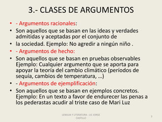 3.- CLASES DE ARGUMENTOS
• - Argumentos racionales:
• Son aquellos que se basan en las ideas y verdades
admitidas y aceptadas por el conjunto de
• la sociedad. Ejemplo: No agredir a ningún niño .
• - Argumentos de hecho:
• Son aquellos que se basan en pruebas observables
Ejemplo: Cualquier argumento que se aporta para
apoyar la teoría del cambio climático (períodos de
sequía, cambios de temperatura, …)
• - Argumentos de ejemplificación:
• Son aquellos que se basan en ejemplos concretos.
Ejemplo: En un texto a favor de endurecer las penas a
los pederastas acudir al triste caso de Mari Luz
LENGUA Y LITERATURA - LIC JORGE
CASTILLO
3
 