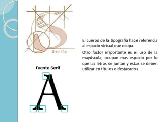 El cuerpo de la tipografía hace referencia 
al espacio virtual que ocupa. 
Otro factor importante es el uso de la 
mayúscula, ocupan mas espacio por lo 
que las letras se juntan y estas se deben 
utilizar en títulos o destacados. 
 