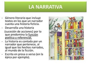 LA NARRATIVA 
- Género literario que incluye 
textos en los que un narrador 
cuenta una historia ficticia. 
- Desarrolla una historia 
(sucesión de acciones) por lo 
que predomina la función 
poética y referencial. 
- La historia es contada por un 
narrador que pertenece, al 
igual que los hechos narrados, 
al mundo de la ficción. 
- Escrita en prosa o verso (en la 
épica por ejemplo). 
 