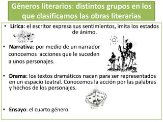 Géneros literarios: distintos grupos en los 
que clasificamos las obras literarias 
• Lírica: el escritor expresa sus sentimientos, imita los estados 
de ánimo. 
• Narrativa: por medio de un narrador 
conocemos acciones que le suceden 
a unos personajes. 
• Drama: los textos dramáticos nacen para ser representados 
en un espacio teatral. Conocemos la acción por las palabras 
y hechos de los personajes. 
• Ensayo: el cuarto género. 
 