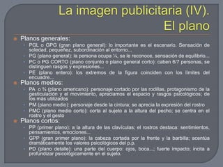 La imagen publicitaria (IV). El planoPlanos generales:PGL o GPG (gran plano general): lo importante es el escenario. Sensación de soledad, pequeñez, subordinación al entorno...PG (plano general): la persona ocupa ¼, se le reconoce, sensación de equilibrio...PC o PG CORTO (plano conjunto o plano general corto): caben 6/7 personas, se distinguen rasgos y expresiones...PE (plano entero): los extremos de la figura coinciden con los límites del encuadre...Planos medios:PA  o ¾ (plano americano): personaje cortado por las rodillas, protagonismo de la gesticulación y el movimiento, apreciamos el espacio y rasgos psicológicos; de los más utilizadosPM (plano medio): personaje desde la cintura; se aprecia la expresión del rostroPMC (plano medio corto): corta al sujeto a la altura del pecho; se centra en el rostro y el gestoPlanos cortos:PP (primer plano): a la altura de las clavículas; el rostros destaca: sentimientos, pensamientos, emociones...GPP (gran primer plano): la cabeza cortada por la frente y la barbilla; acentúa dramáticamente los valores psicológicos del p.p.PD (plano detalle): una parte del cuerpo: ojos, boca...; fuerte impacto; incita a profundizar psicológicamente en el sujeto. 