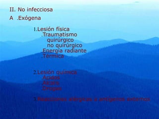 II. No infecciosa
A .Exógena
1.Lesión física
.Traumatismo
quirúrgico
no quirúrgico
.Energía radiante
.Térmica
2.Lesión química
.Acidos
.Alcalis
.Drogas
3.Reacciones alérgicas a antígenos externos
 