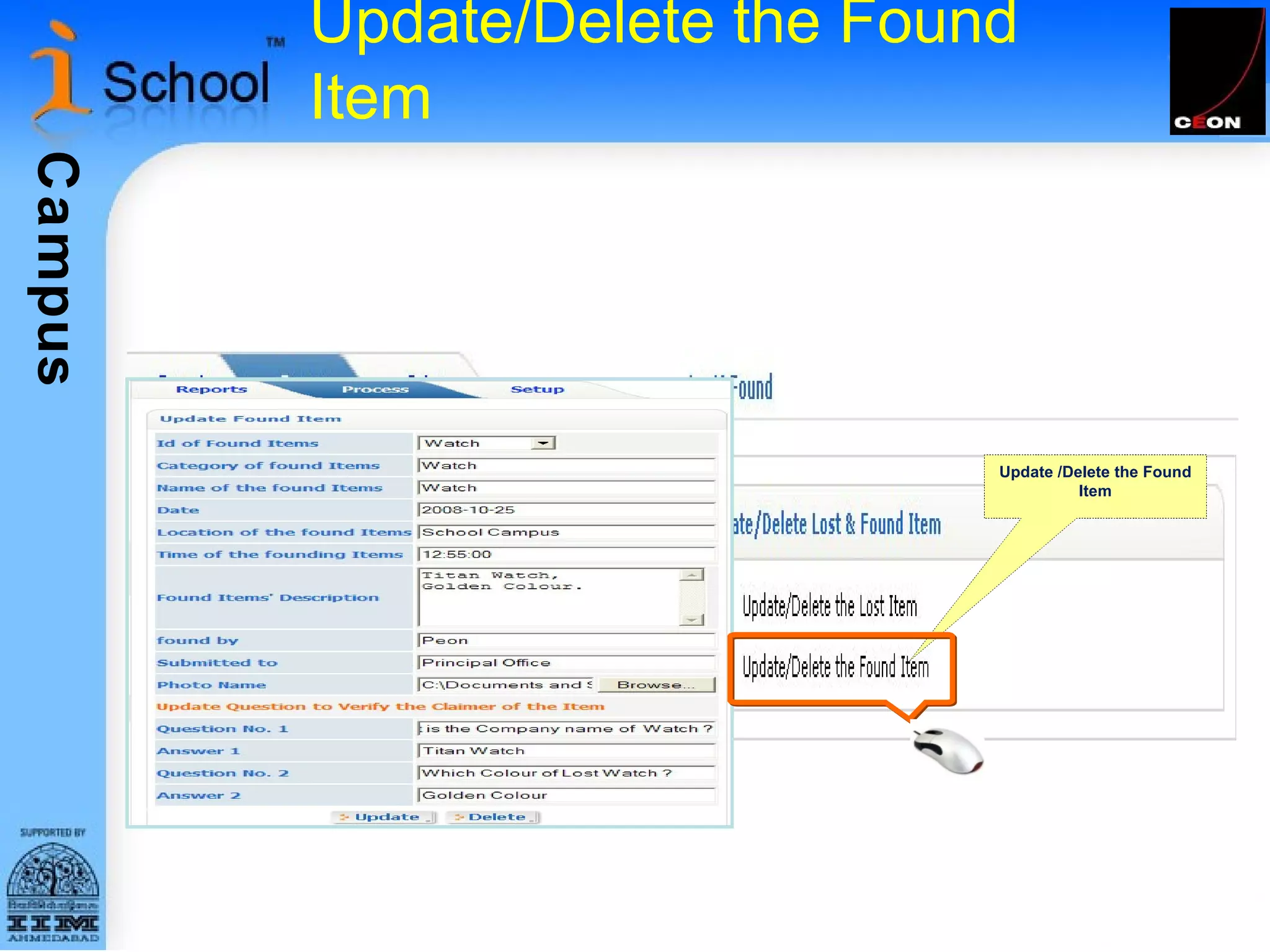 Update/Delete the Found Item Update /Delete the Found Item 