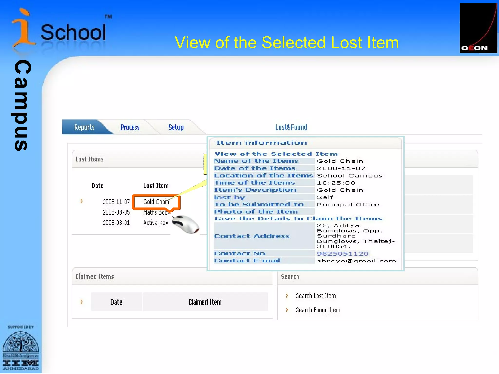 View of the Selected Lost Item View Selected Item 