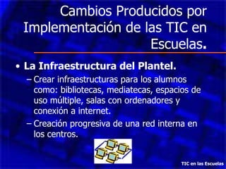 Cambios Producidos por Implementación de las TIC en Escuelas . La Infraestructura del Plantel. Crear infraestructuras para los alumnos como: bibliotecas, mediatecas, espacios de uso múltiple, salas con ordenadores y conexión a internet. Creación progresiva de una red interna en los centros.  TIC en las Escuelas 