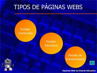 TIPOS DE PÁGINAS WEBS Portales  Comerciales Portales  Educativos Portales de  Entretenimiento Espacios Web de Interés Educativo 