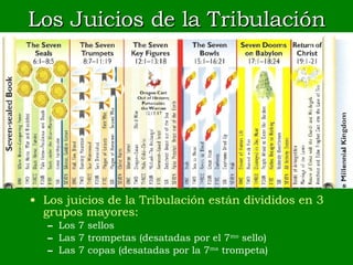Los Juicios de la Tribulación Los juicios de la Tribulación están divididos en 3 grupos mayores: Los 7 sellos Las 7 trompetas (desatadas por el 7 mo  sello) Las 7 copas (desatadas por la 7 ma  trompeta) 