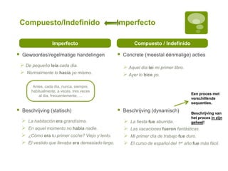 Compuesto/Indefinido Imperfecto
Imperfecto
 Gewoontes/regelmatige handelingen
Compuesto / Indefinido
 Concrete (meestal éénmalige) acties
 De pequeño leía cada día.
 Normalmente lo hacía yo mismo.
Antes, cada día, nunca, siempre,
habitualmente, a veces, tres veces
al día, frecuentemente, …
 Aquel día leí mi primer libro.
 Ayer lo hice yo.
 Beschrijving (statisch)
 La habitación era grandísima.
 En aquel momento no había nadie.
 ¿Cómo era tu primer coche? Viejo y lento.
 El vestido que llevaba era demasiado largo.
 Beschrijving (dynamisch)
Een proces met
verschillende
sequenties.
 La fiesta fue aburrida.
 Las vacaciones fueron fantásticas.
 Mi primer día de trabajo fue duro.
 El curso de español del 1er año fue más fácil.
Beschrijving van
het proces in zijn
geheel!
 