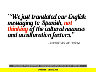SOURCE: FORBES - AMERICA’S CORPORATIONS CAN NO LONGER IGNORE HISPANIC MARKETING LIKE MITT ROMNEY DID
- A FORTUNE 50 SENIOR EXECUTIVE
“We just translated our English
messaging to Spanish, not
thinking of the cultural nuances
and acculturation factors.”
@VANEVELA | @RCEBALLOS27
 