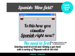 Spanish: Mine-ﬁeld?
Is this how you
visualize
Spanish right now?
No need to fret!
Selecting neutral words and running a gut check
with a variety of Hispanics will do the trick
(The Windows reference is only
for illustration purposes)
English +
Español:
WTF?
@VANEVELA | @RCEBALLOS27
 