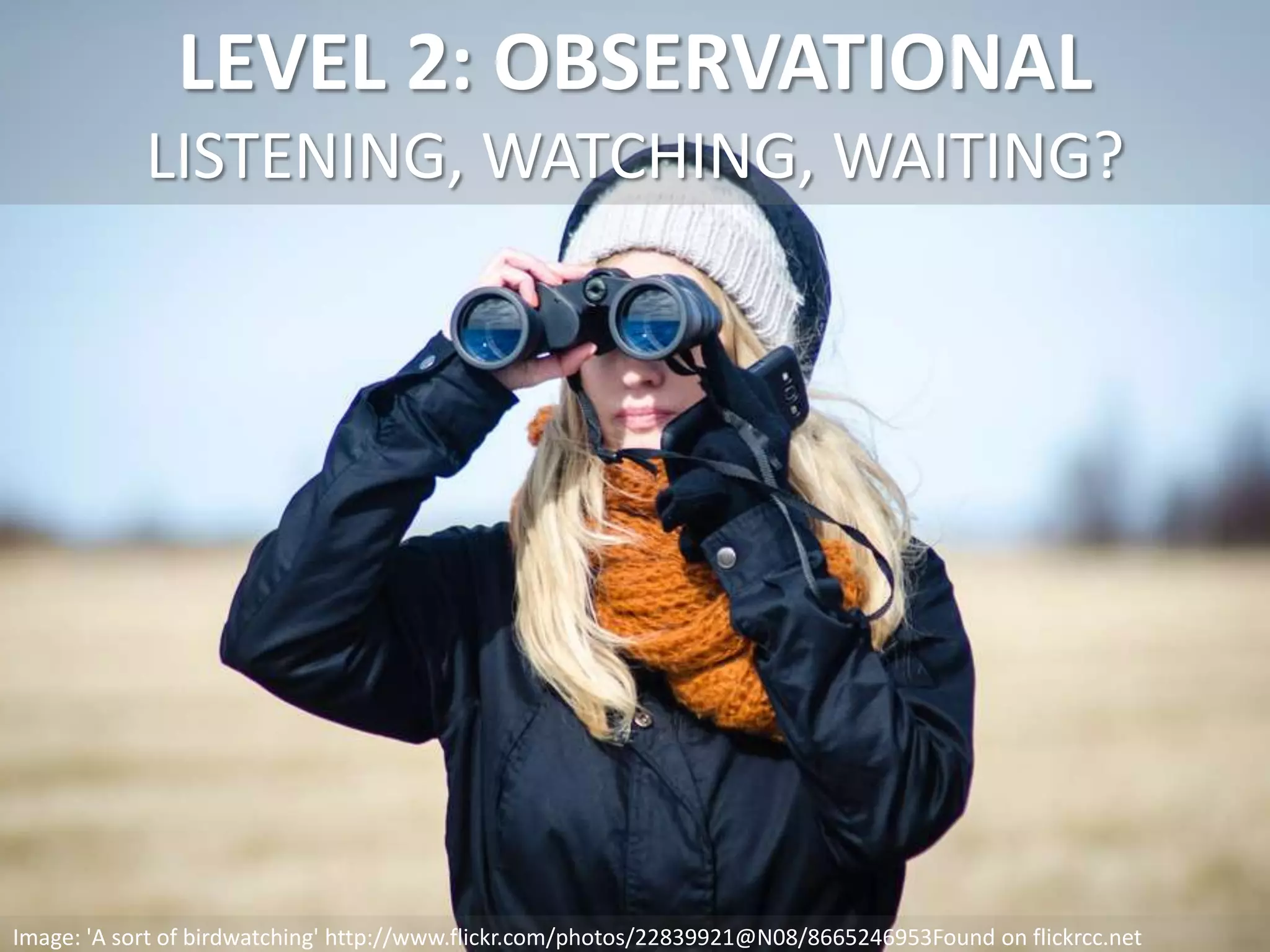LEVEL 2: OBSERVATIONAL
LISTENING, WATCHING, WAITING?
Image: 'A sort of birdwatching' http://www.flickr.com/photos/22839921@N08/8665246953Found on flickrcc.net
 