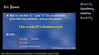 Eric Brewer
Atomicity
Consistency
Isolation
Durability
http://pld.cs.luc.edu/courses/353/spr11/notes/brewer_keynote.pdf
 