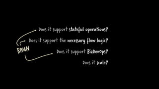 Does it support stateful operations?
Does it support the necessary flow logic?
Does it support BizDevOps?
Does it scale?
 