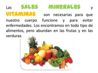 Las  sales            minerales             y
vitaminas          son necesarias para que
nuestro cuerpo funcione y para evitar
enfermedades. Los encontramos en todo tipo de
alimentos, pero abundan en las frutas y en las
verduras.
 
