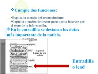 Cumple dos funciones:
  Explica la esencia del acontecimiento
  Capta la atención del lector para que se interese por
  el resto de la información.
En la entradilla se destacan los datos
más importante de la noticia.




                                               Entradilla
                                               o lead
 