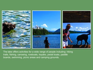 The lake offers activities for a wide range of people including: hiking
trails, fishing, canoeing, rowboats, kayaks, pedal boats, paddle
boards, swimming, picnic areas and camping grounds.
 