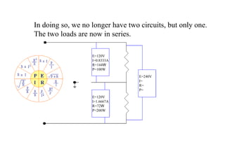 In doing so, we no longer have two circuits, but only one. The two loads are now in series. E=120V I=0.8333A R=144 W P=100W E=120V I=1.6667A R=72 W P=200W E=240V I= R= P= 