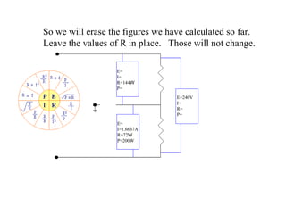 So we will erase the figures we have calculated so far. Leave the values of R in place.  Those will not change. E= I= R=144 W P= E= I=1.6667A R=72 W P=200W E=240V I= R= P= 