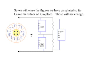 So we will erase the figures we have calculated so far. Leave the values of R in place.  Those will not change. E= I= R=144 W P= E= I= R=72 W P=200W E=240V I= R= P= 