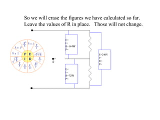 So we will erase the figures we have calculated so far. Leave the values of R in place.  Those will not change. E= I= R=144 W P= E= I= R=72 W P= E=240V I= R= P= 