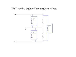 We’ll need to begin with some given values. E=120V I= R= P= E=120V I= R= P= E=240V I= R= P= 
