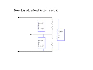 Now lets add a load to each circuit. E=120V I= R= P=100W E=120V I= R= P=200W E=240V I= R= P= 