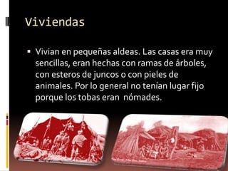 ViviendasVivian en pequeñas aldeas. Las casas era muy sencillas, eran hechas con ramas de árboles, con esteros de juncos o con pieles de animales. Por lo general no tenían lugar fijo porque los tobas eran  nómades.