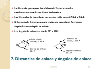    La distancia que separa los núcleos de 2 átomos unidos
    covalentemente se llama distancia de enlace.

   Las distancias de los enlaces covalentes mide entre 0.74 Å a 2.0 Å.

   Si hay más de 2 átomos en una molécula, los enlaces forman un
    ángulo llamado ángulo de enlace.

   Los ángulo de enlace varían de 60° a 180°.




7. Distancias de enlace y ángulos de enlace
                                       2/26/2012                          23
 
