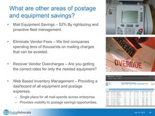 What are other areas of postage
and equipment savings?
• Mail Equipment Savings – 52% By rightsizing and
proactive fleet management.
• Eliminate Vendor Fees – We find companies
spending tens of thousands on mailing charges
that can be avoided.
• Recover Vendor Overcharges – Are you getting
the correct rates for only the needed equipment?
• Web Based Inventory Management – Providing a
dashboard of all equipment and postage
expenses.
– Single place for all mail spends across enterprise.
– Provides visibility to postage savings opportunities.
July 13, 2015 14
 