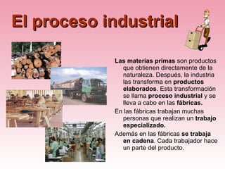 El proceso industrial Las materias primas  son productos que obtienen directamente de la naturaleza. Después, la industria las transforma en  productos elaborados . Esta transformación se llama  proceso industrial  y se lleva a cabo en las  fábricas. En las fábricas trabajan muchas personas que realizan un  trabajo especializado. Además en las fábricas  se trabaja en   cadena . Cada trabajador hace un parte del producto. 