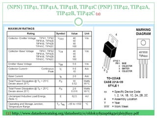 (NPN) TIP41, TIP41A, TIP41B, TIP41C (PNP) TIP42, TIP42A,
                   TIP42B, TIP42C (2)




(2) http://www.datasheetcatalog.org/datasheet2/e/0ldok1yf92ap6kg5ei3lsiyjfuyy.pdf
 