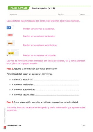 Ciencias Sociales 4.º EP 2/3
Los transportes (act. 4)
Las carreteras están marcadas con carteles de distintos colores con números.
Pueden ser autovías o autopistas.
Pueden ser carreteras nacionales.
Pueden ser carreteras autonómicas.
Pueden ser carreteras secundarias.
Las vías de ferrocarril están marcadas con líneas de colores, tal y como aparecen
en el plano de la página anterior.
Paso 2.Resume la información que hayas encontrado.
Por mi localidad pasan las siguientes carreteras:
• Autovías o autopistas: …………………………………………………………………………….
• Carreteras nacionales: …………………………………………………………………………..
• Carreteras autonómicas: ……………………………………………………………………….
• Carreteras secundarias: …………………………………………………………………………..
Paso 3.Busca información sobre las actividades económicas en tu localidad.
Para ello, busca tu localidad en Wikipedia y lee la información que aparece sobre
economía.
 
