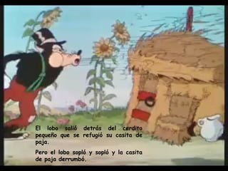 El lobo salió detrás del cerdito pequeño que se refugió su casita de paja.  Pero el lobo sopló y sopló y la casita de paja derrumbó.  