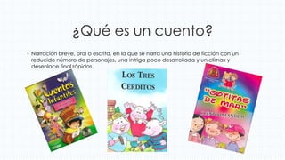 ¿Qué es un cuento?
◦ Narración breve, oral o escrita, en la que se narra una historia de ficción con un
reducido número de personajes, una intriga poco desarrollada y un clímax y
desenlace final rápidos.
 