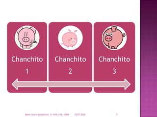 Chanchito
1
Chanchito
2
Chanchito
3
29-07-2013Belen Ulacia Sottolichio, TI, BYD, FAE, UTEM 3
 