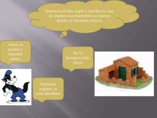 Entonces el lobo soplo y derribo la casa
                  de madera los chanchitos se fueron
                      donde su hermano mayor.




Abran la
puerta y
déjenme                         No lo
 entrar                     haremos lobo
                                feroz




              Entonces
             soplare la
           casa derribare
 