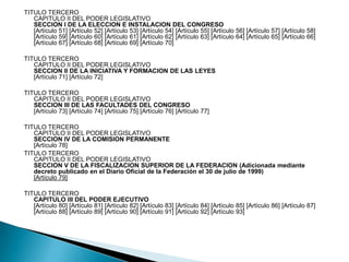 TITULO TERCERO
   CAPITULO II DEL PODER LEGISLATIVO
   SECCION I DE LA ELECCION E INSTALACION DEL CONGRESO
   [Artículo 51] [Artículo 52] [Artículo 53] [Artículo 54] [Artículo 55] [Artículo 56] [Artículo 57] [Artículo 58]
   [Artículo 59] [Artículo 60] [Artículo 61] [Artículo 62] [Artículo 63] [Artículo 64] [Artículo 65] [Artículo 66]
   [Artículo 67] [Artículo 68] [Artículo 69] [Artículo 70]

TITULO TERCERO
   CAPITULO II DEL PODER LEGISLATIVO
   SECCION II DE LA INICIATIVA Y FORMACION DE LAS LEYES
   [Artículo 71] [Artículo 72]

TITULO TERCERO
   CAPITULO II DEL PODER LEGISLATIVO
   SECCION III DE LAS FACULTADES DEL CONGRESO
   [Artículo 73] [Artículo 74] [Artículo 75] [Artículo 76] [Artículo 77]

TITULO TERCERO
   CAPITULO II DEL PODER LEGISLATIVO
   SECCION IV DE LA COMISION PERMANENTE
   [Artículo 78]
TITULO TERCERO
   CAPITULO II DEL PODER LEGISLATIVO
   SECCION V DE LA FISCALIZACION SUPERIOR DE LA FEDERACION (Adicionada mediante
   decreto publicado en el Diario Oficial de la Federación el 30 de julio de 1999)
   [Artículo 79]

TITULO TERCERO
   CAPITULO III DEL PODER EJECUTIVO
   [Artículo 80] [Artículo 81] [Artículo 82] [Artículo 83] [Artículo 84] [Artículo 85] [Artículo 86] [Artículo 87]
   [Artículo 88] [Artículo 89] [Artículo 90] [Artículo 91] [Artículo 92] [Artículo 93]
 