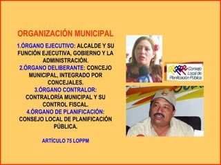 ORGANIZACIÓN MUNICIPAL
1.ÓRGANO EJECUTIVO: ALCALDE Y SU
FUNCIÓN EJECUTIVA, GOBIERNO Y LA
          ADMINISTRACIÓN.
 2.ÓRGANO DELIBERANTE: CONCEJO
     MUNICIPAL, INTEGRADO POR
           CONCEJALES.
       3.ÓRGANO CONTRALOR:
    CONTRALORÍA MUNICIPAL Y SU
          CONTROL FISCAL.
    4.ÓRGANO DE PLANIFICACIÓN:
 CONSEJO LOCAL DE PLANIFICACIÓN
             PÚBLICA.

        ARTÍCULO 75 LOPPM
 
