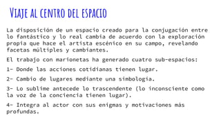Viaje al centro del espacio
La disposición de un espacio creado para la conjugación entre
lo fantástico y lo real cambia de acuerdo con la exploración
propia que hace el artista escénico en su campo, revelando
facetas múltiples y cambiantes.
El trabajo con marionetas ha generado cuatro sub-espacios:
1- Donde las acciones cotidianas tienen lugar.
2- Cambio de lugares mediante una simbología.
3- Lo sublime antecede lo trascendente (lo inconsciente como
la voz de la conciencia tienen lugar).
4- Integra al actor con sus enigmas y motivaciones más
profundas.
 