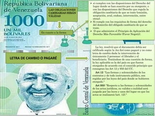 LETRA DE CAMBIO O PAGARÉ
La ley, resolvió que el documento debía ser
calificado según la lex fori como pagaré y no como
letra de cambio dada la intervención de
únicamente 2 personas: el librador y el
beneficiario. Tratándose de una cuestión de forma,
la ley aplicable es la del país en que fueron
otorgados de acuerdo con el conocido principio que
consagran los Art 12 y 950 del CC.
Art 12: "Las formas y solemnidades de los
contratos y de todo instrumento público, son
regidas por las leyes del país donde se hubieren
otorgado.“
Art 950: "Respecto a las formas y solemnidades
de los actos jurídicos, su validez o nulidad será
juzgada por las leyes y usos del lugar en que los
actos se realizaren (art. 12)."
 si cumplen con las disposiciones del Derecho del
lugar donde se han suscrito por su otorgante, o
con las disposiciones del Derecho que regula la
obligación cambiaria de que se trate (emisión,
aceptación, aval, endoso, intervención, entre
otras).
 Si cumple con los requisitos de forma del derecho
del domicilio del obligado cambiario de que se
trate.
 O que administre el Principio de Aplicación del
Derecho Más Favorable (Favor Negotii).
LAS OBLIGACIONES
CAMBIARIAS SERÁN
VÁLIDAS
En cuanto a la forma
 