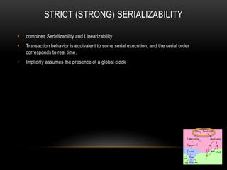STRICT (STRONG) SERIALIZABILITY
• combines Serializability and Linearizability
• Transaction behavior is equivalent to some serial execution, and the serial order
corresponds to real time.
• Implicitly assumes the presence of a global clock
 