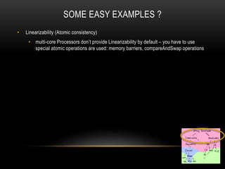 SOME EASY EXAMPLES ?
• Linearizability (Atomic consistency)
• multi-core Processors don’t provide Linearizability by default – you have to use
special atomic operations are used: memory barriers, compareAndSwap operations
 