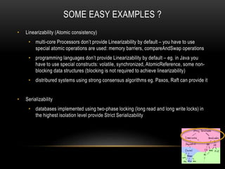 SOME EASY EXAMPLES ?
• Linearizability (Atomic consistency)
• multi-core Processors don’t provide Linearizability by default – you have to use
special atomic operations are used: memory barriers, compareAndSwap operations
• programming languages don’t provide Linearizability by default – eg. in Java you
have to use special constructs: volatile, synchronized, AtomicReference, some non-
blocking data structures (blocking is not required to achieve linearizability)
• distribured systems using strong consensus algorithms eg. Paxos, Raft can provide it
• Serializability
• databases implemented using two-phase locking (long read and long write locks) in
the highest isolation level provide Strict Serializability
 