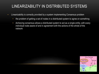 LINEARIZABILITY IN DISTRIBUTED SYSTEMS
• Linearizability is correctly provided by a system implementing Consensus problem
• the problem of getting a set of nodes in a distributed system to agree on something
• Achieving consensus allows a distributed system to act as a single entity, with every
individual node aware of and in agreement with the actions of the whole of the
network
 
