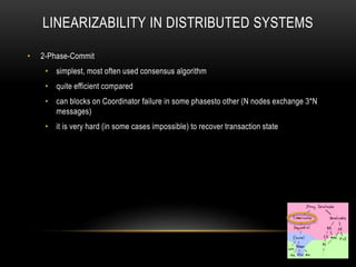 LINEARIZABILITY IN DISTRIBUTED SYSTEMS
• 2-Phase-Commit
• simplest, most often used consensus algorithm
• quite efficient compared
• can blocks on Coordinator failure in some phasesto other (N nodes exchange 3*N
messages)
• it is very hard (in some cases impossible) to recover transaction state
 