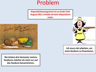 Problem
                         Stipendiatenprogramm ist zu Ende! Seit
                         August 2011 erhalte ich kein Stipendium
                                         mehr.




                                                           Ich muss viel arbeiten, um
                                                          mein Studium zu finanzieren.

 Die letzten drei Semester meines
Studiums möchte ich mich nur auf
   das Studium konzentrieren.
 
