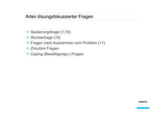 Arten lösungsfokussierter Fragen!
Ò  Skalierungsfrage (1-10)
Ò  Wunderfrage (10)
Ò  Fragen nach Ausnahmen vom Problem (+1)
Ò  Zirkuläre Fragen
Ò  Coping (Bewältigungs-) Fragen

 